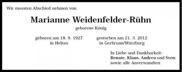 Koenig Marianne 1927-2012 Todesanzeige